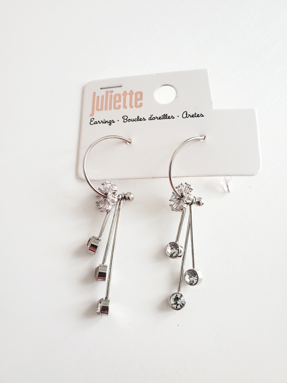 Silver Crystal Drop Hoop Earrings - Silver